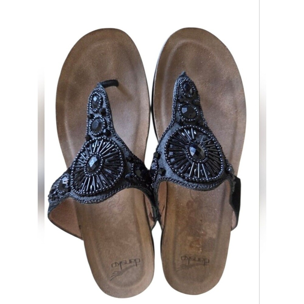 dansko pamela black suede beaded thong sandals comfort cork wedges womens sz 40